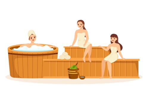 Sauna and Steam Room with People Relax, Washing Their Bodies, Steam or Enjoying Time in Flat Cartoon Hand Drawn Templates Illustration