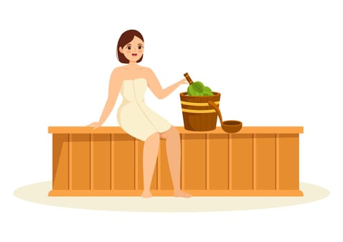 Sauna and Steam Room with People Relax, Washing Their Bodies, Steam or Enjoying Time in Flat Cartoon Hand Drawn Templates Illustration