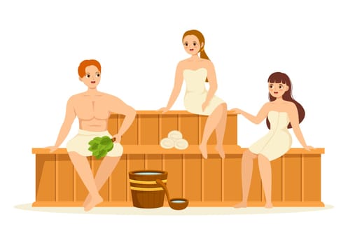 Sauna and Steam Room with People Relax, Washing Their Bodies, Steam or Enjoying Time in Flat Cartoon Hand Drawn Templates Illustration