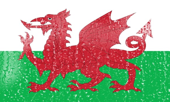 3D Flag of Wales on a glass with water drop background.
