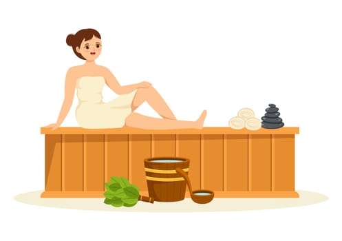 Sauna and Steam Room with People Relax, Washing Their Bodies, Steam or Enjoying Time in Flat Cartoon Hand Drawn Templates Illustration