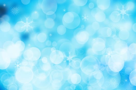 Abstract blurred festive light blue winter christmas or Happy New Year background texture with shiny blue and white bokeh lighted glittering snowflakes and stars. Space for your design. Card concept.