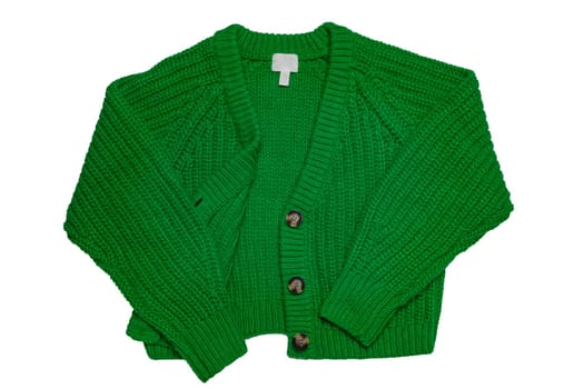 Casual elegant fluffy long-sleeved cardigan with V-neck and button closure isolated on a white background. Womens green sweater or jumper. Autumn and winter fashion.
