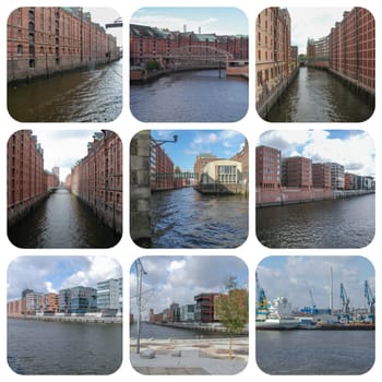 HAMBURG, GERMANY - August 28, 2006: Collage of Hamburg Hafencity waterfront, canals and harbour