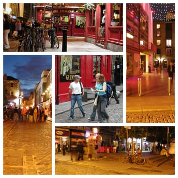 DUBLIN, IRELAND - AUGUST 19, 2003: Collage of nightlife in Dublin Temple Bar area