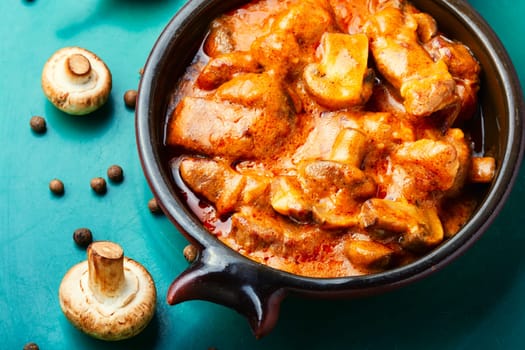 Beef meat stew in sauce with mashed potatoes. Space for text, recipe place