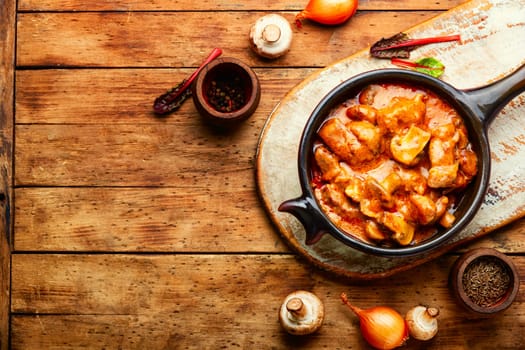 Beef meat stew in sauce with mashed potatoes. Space for text, recipe place