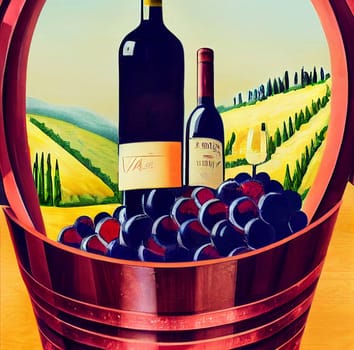 Drawing of a bottle of red wine and a wine glass with a beautiful Tuscany landscape