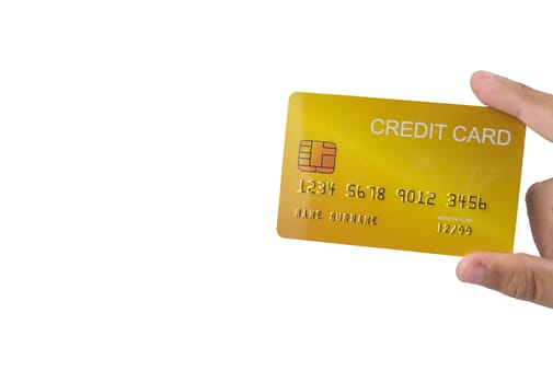 Hand holding credit card isolated on white background. Shopping concept. Cashless spending concept.