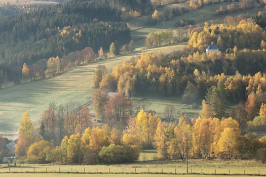 Idyllic autumn landscape on a sunny October morning. Sudetes Mountains, Czech Republic