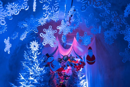 Blue and white joyful Christmas decorations in the Zagreb Atomic Shelter. Last year's decorations.