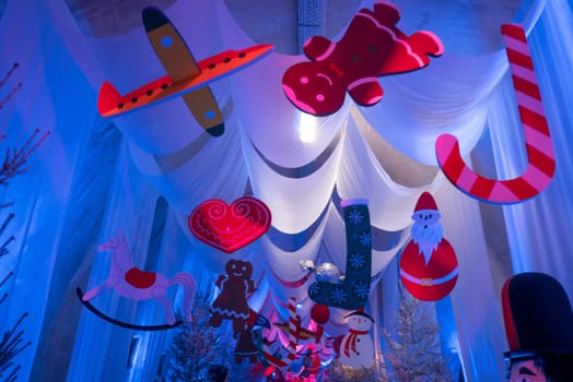 Blue and white joyful Christmas decorations in the Zagreb Atomic Shelter. Last year's decorations.