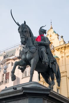 ZAGREB, CROATIA-January 4, 2020:Statue of Ban Josip Jelacic, erected by Anton Dominik Fernkorn on the Jelacic square in Zagreb in 1866. Jelacic, a Croatian national hero, had supported Croatian independence during the Hapsburg rule