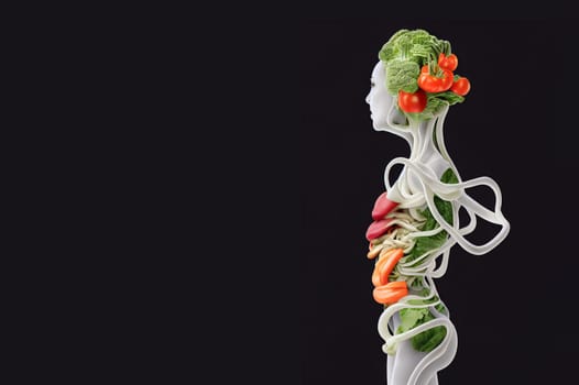 Woman made from vegetables like broccoli , salad, tomatoes and carrots, healthy food and lifestyle, illustration