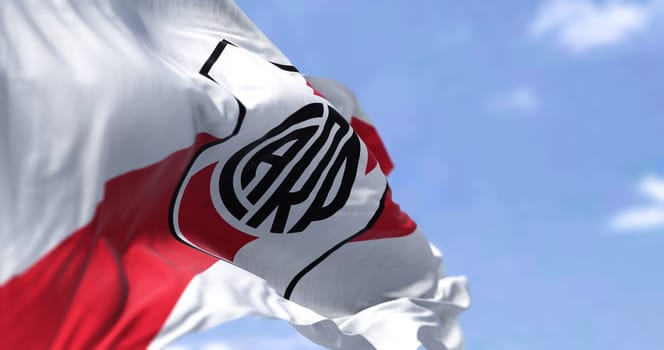 Buenos Aires, AR, Oct. 2022: The River Plate flag waving in the wind. River Plate is an Argentine sports club based in Buenos Aires. Selective focus. 3D illustration render