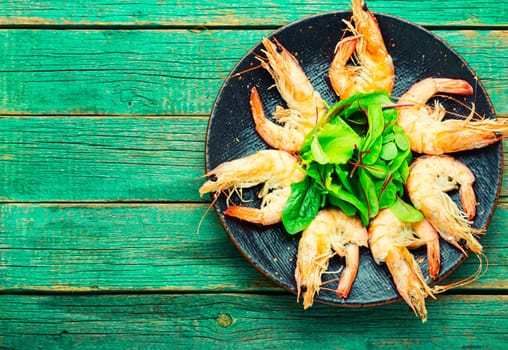 Delicious large cooked shrimp on a plate.Shellfish