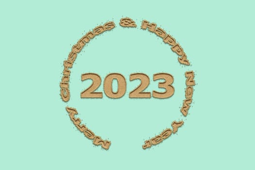 3D illustration New Year concept 2023 design with text sand design on a beach glass color background.