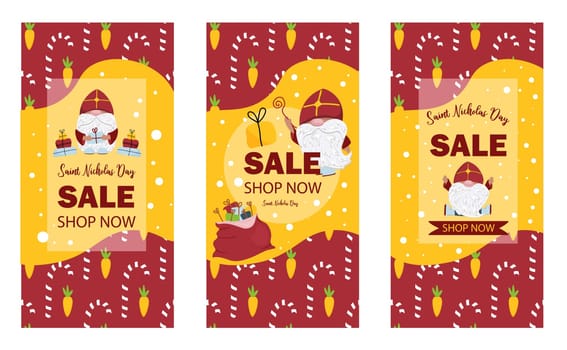 vertical sale poster for St. Nicholas Day. St. Nicholas Day discounts and promotions. Cute priest in a red miter.