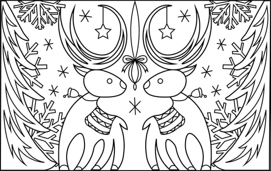 Christmas coloring book. Coloring page with reindeer. Snowflakes and Christmas trees.