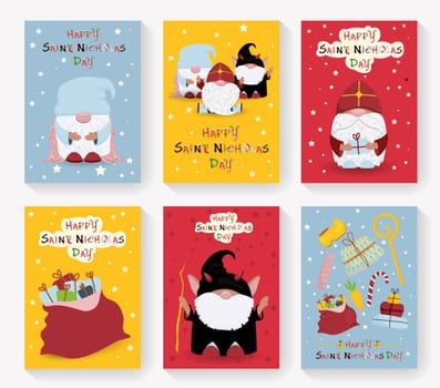 St. Nicholas Day set of postcards. Winter children s holiday. An old priest who brings gifts to children. Krampus and the angel helpers of St. Nicholas. Sinterklaas Eve.