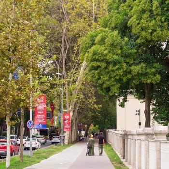 Istanbul, Turkey - August 31, 2022: Pedestrians walking in a passage with huge green trees in Gulhane Park in summer time, Sultan Ahmet district