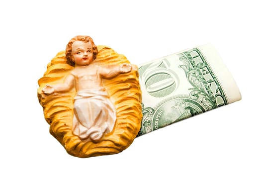 Commercialism vs Christmas, the Christ child and one dollar bills.