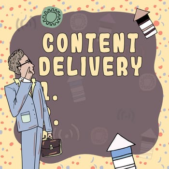 Inspiration showing sign Content Delivery, Internet Concept method for studying documents and communication artifacts Professor In Suit With Glasses Presenting Important Messages.