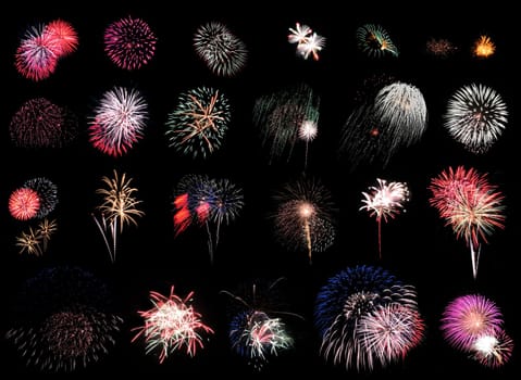 "25 individual fireworks explosions on black background.  ..Using """"Blending Modes"""" in Photoshop you can cut & paste these right on top of each other w/o the black overlapping!""."
