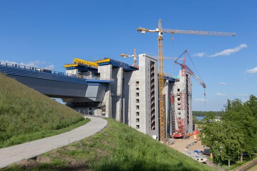 High cranes at the construction site for the ship lift in Niederfinow