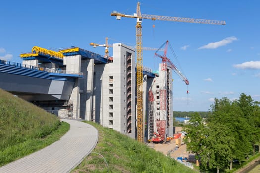 High cranes at the construction site for the ship lift in Niederfinow