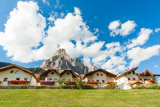 Bottom view of a group of houses in a mountain village