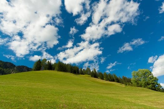 View of a hill with green grass, blue sky and white clouds