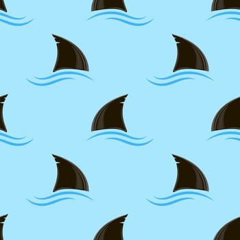 Shark Fin Silhouette Icon and Blue Waves Isolated on Blue Background. Seamless Pattern.
