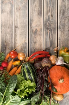 Colorful mix of fresh vegetables, top view. Sorting of organic seasonal harvest on wooden table. Nitrate free food or healthy diet concept. Balanced nutrition. Cooking ingredients. Place for text.
