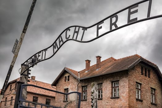 Entrance gate to former German Nazi concentration and extermination camp in Auschwitz in Poland