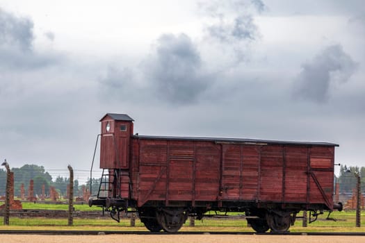 Auschwitz, Poland - 28 June, 2022: Wagon used to transport prisoners to the Auschwitz concentration camp in Poland