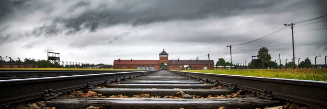 Railroad track to main gate of Auschwitz former German concentration and extermination camp in Poland