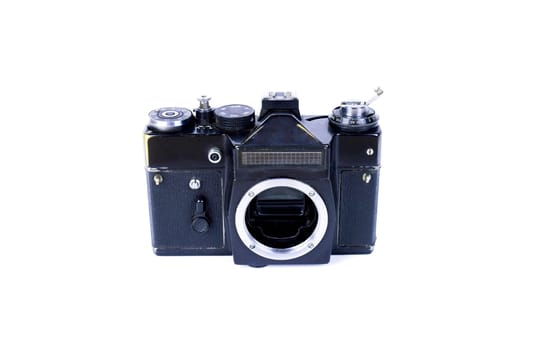 Old SLR camera, 80s of the 20th century - exposure meter, shutter speed, aperture. Photographer's equipment. Work tool. Manual settings. Soviet camera. Photographer's studio.