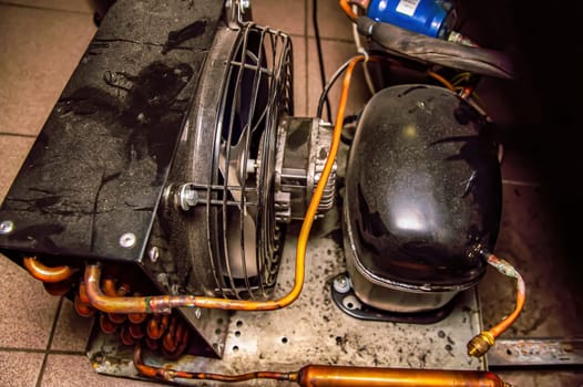 Repair of the engine of an industrial refrigerator unit. Refrigerator repair. Industrial refrigeration equipment electric motor. Service of commercial equipment for cooling products. Service.