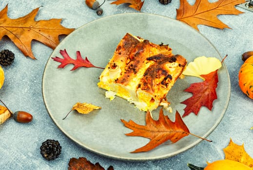Seasonal pie made from pumpkin, pita bread and cottage cheese. Delicious seasonal pastries