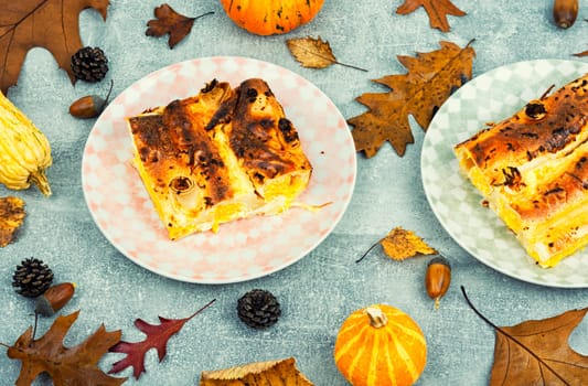 Seasonal pie made from pumpkin, pita bread and cottage cheese. Delicious seasonal pastries