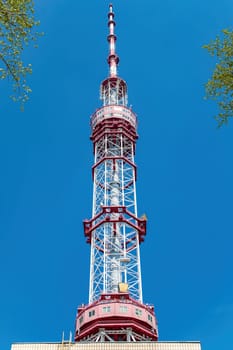 TV tower in the city of Kiev. Radio signal transmission. Public television. Wireless internet. Modern technologies. Industrial construction. The media. City life.
