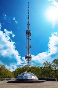 TV tower in the city of Kiev. Radio signal transmission. Public television. Wireless internet. Modern technologies. Industrial construction. The media. City life.