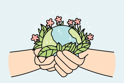 Person hands holding planet earth with blooming flowers. Activist or volunteer take care of environment. Nature protection concept. Vector illustration.