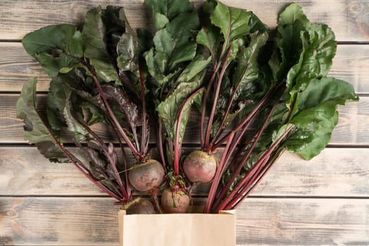 Bunch of fresh ripe beets with long green haulm on faded wooden table, top view. Unpacking beetroots from eco paper bag. Organic food or healthy diet concept. Objects layout. Planking.