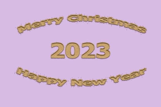 3D illustration New Year concept 2023 design with text sand design on a purple rose color background.