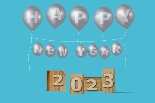 3D illustration New Year concept 2023 design with text on the wooden box and balloons on a blue atoll color background.