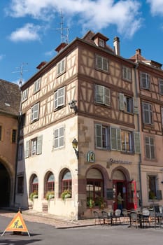 Restaurant in a half-timbered house in the historic old town of Colmar in France