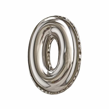 Silver foil balloon font number 0 ZERO 3D rendering illustration isolated on white background