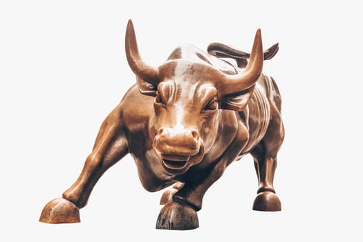 Charging Bull isolated on white background. Bull represents aggressive financial optimism and prosperity